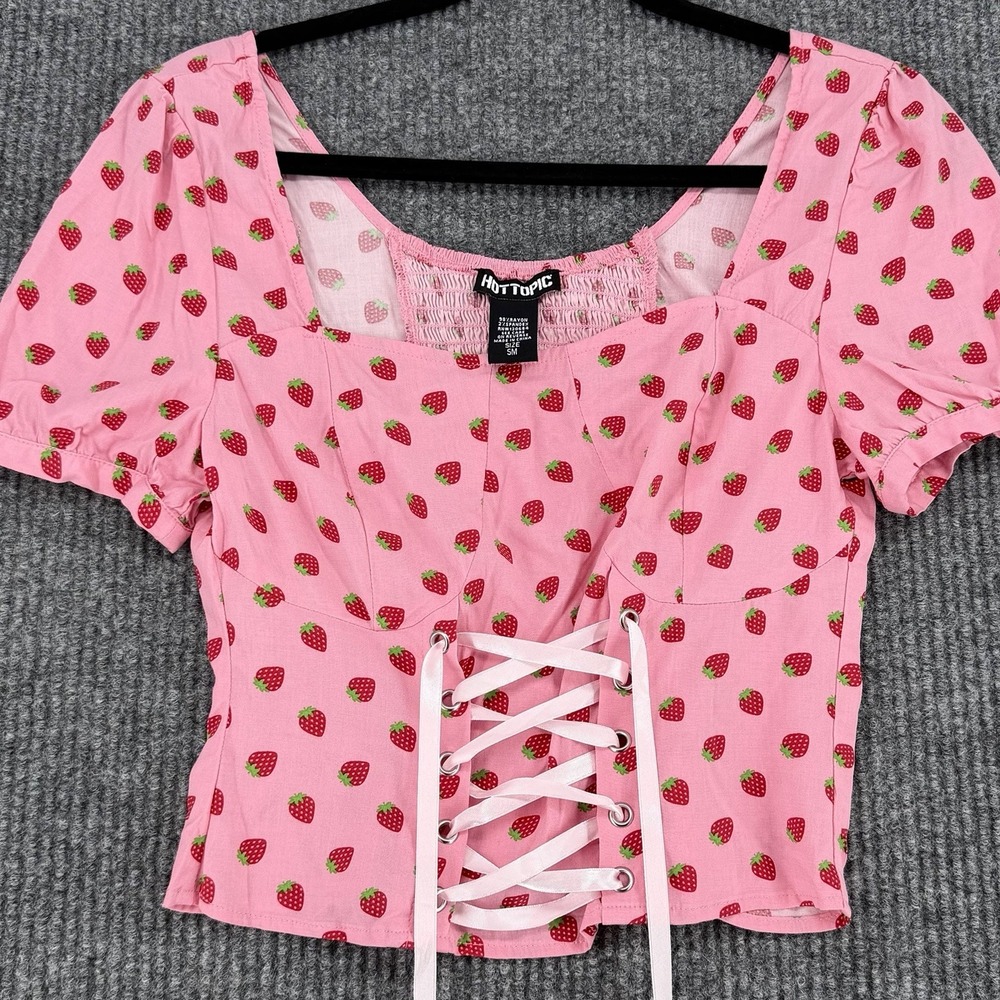 Hot Topic Strawberry Corset Top Womens S Puff Sleeve Pink Coquette Y2K Lace Up